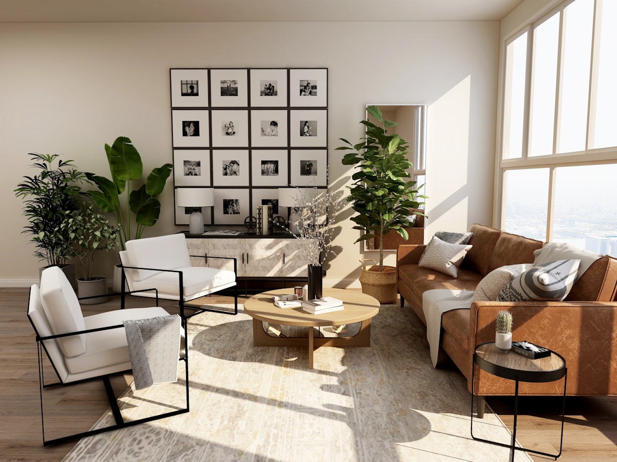 Bright, clean living room filled with plants
